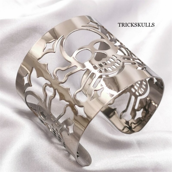 Laser Cut Skull Wrist Cuff Stainless Steel Adjustable Wrap 2 Inch Wide Bracelet - Picture 3 of 7